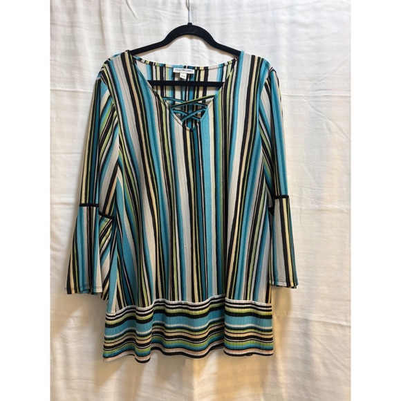 Dana Buchman Tops - Dana Buchman Striped Tunic Top Bell Sleeve Lace Up Neck Women's L‎